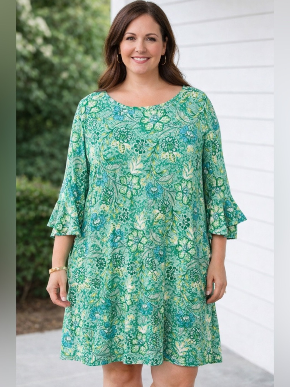 NWOT Ruby Rd. Green Floral Tunic Dress Bell Sleeve Boho Casual Spring Summer XLP